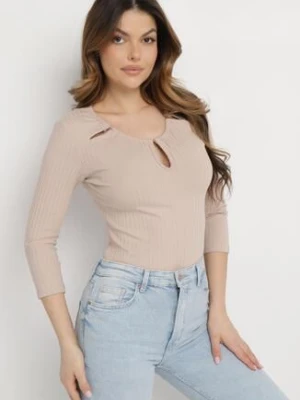 Beżowa Bawełniana Bluzka z Prążkowanej Dzianiny z Rękawami 3/4 i Wycięciem przy Dekolcie Xireal las garras
