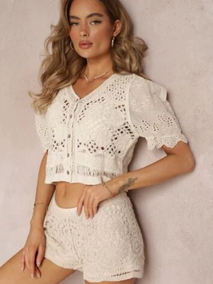 Beżowa Bawełniana Bluzka z Szydełkowej Tkaniny z Haftem na Bufiastych Rękawach Trapika rosa