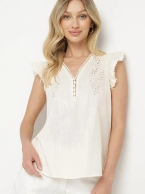 Beżowa Bawełniana Bluzka Zdobiona Haftem i Falbanką Taloretia maja studio