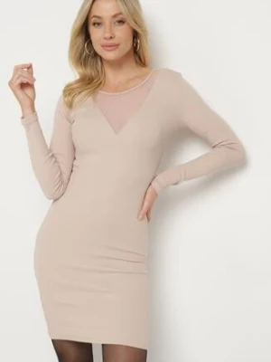 Beżowa Bawełniana Dopasowana Sukienka Ozdobiona Transparentną Wstawką Rivirra las garras