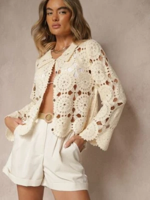 Beżowa Bawełniana Koszula w Stylu Boho z Ażurowej Tkaniny Baniria