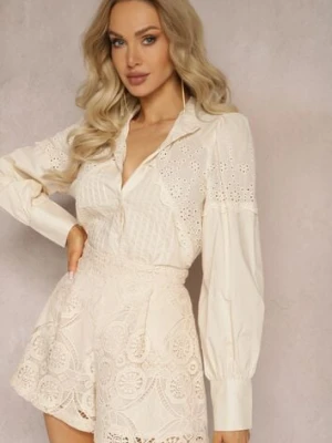 Beżowa Bawełniana Koszula w Stylu Retro ze Stójką Ozdobiona Ażurowymi Wstawkami Hesllema bisou's project