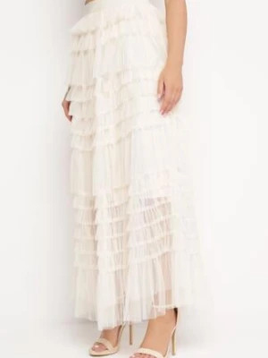 Beżowa Bawełniana Spódnica Maxi z Siateczki Ozdobiona Falbankami Acael lovery