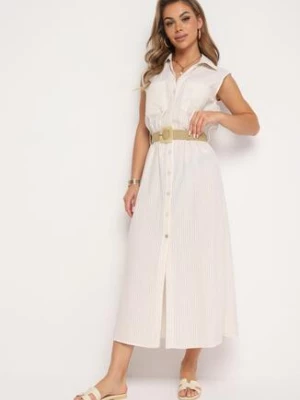 Beżowa Bawełniana Sukienka Koszulowa z Gumką w Talii i Paskiem z Klamrą Xalorea rosa