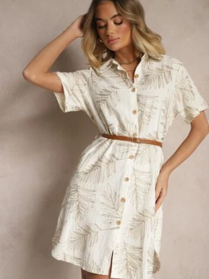 Beżowa Bawełniana Sukienka Koszulowa z Paskiem i Motywem Liści Paredia rosa