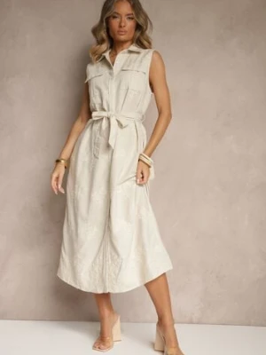 Beżowa Bawełniana Sukienka Koszulowa z Paskiem Kolivessa rosa