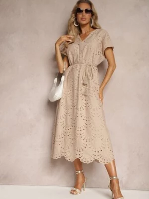 Beżowa Bawełniana Sukienka o Haftowanym Wykończeniu z Materiałowym Paskiem w Talii Dimla bisou's project