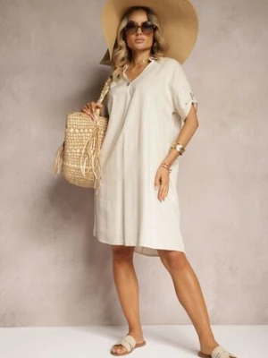 Beżowa Bawełniana Sukienka o Pudełkowym Kroju z Rękawami z Regulacją Elonea rosa