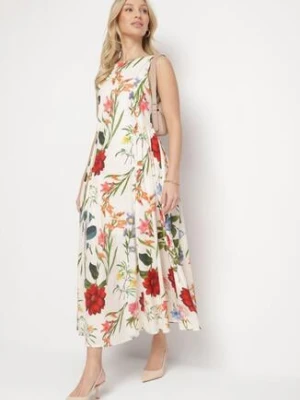 Beżowa Bawełniana Sukienka o Rozkloszowanym Kroju w Kwiatowy Print Iladris elsa.m by may