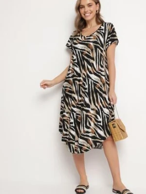 Beżowa Bawełniana Sukienka o Rozkloszowanym Kroju z Dłuższym Tyłem Ronora defox