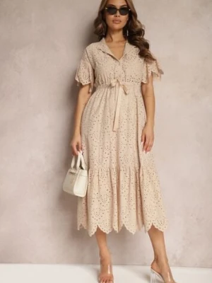 Beżowa Bawełniana Sukienka o Rozkloszowanym Kroju z Haftem z Guzikami i Gumką w Pasie Lovarae bisou's project