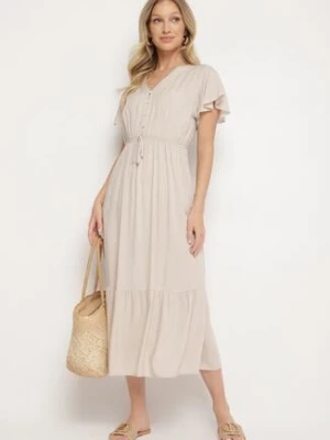 Beżowa Bawełniana Sukienka o Rozkloszowanym Kroju z Wiązaniem w Talii Folarina defox