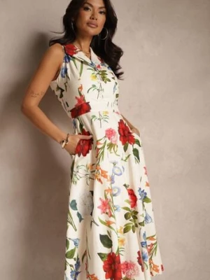 Beżowa Bawełniana Sukienka w Kwiaty Rozkloszowana z Kołnierzykiem Ilaniven elsa.m by may