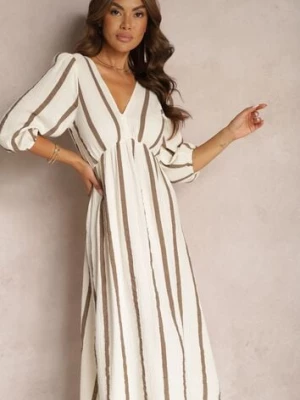 Beżowa Bawełniana Sukienka w Paski o Rozkloszowanym Kroju Legelia jumelle