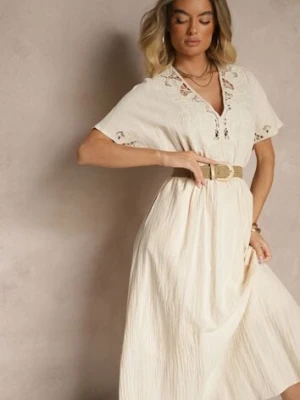 Beżowa Bawełniana Sukienka w Stylu Boho z Kieszonkami Orrane rosa