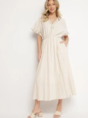 Beżowa Bawełniana Sukienka w Stylu Rustykalnym z Kieszeniami Orriviane rosa