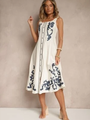 Beżowa Bawełniana Sukienka z Guzikami i Haftami Milonellea rosa