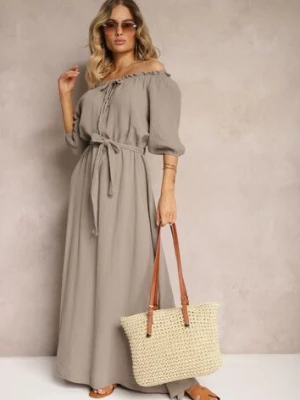 Beżowa Bawełniana Sukienka z Muślinu Wiązana przy Dekolcie z Paskiem i Gumką w Talii Tasda jumelle