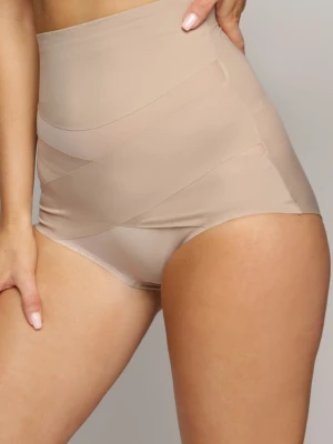 Beżowa Bielizna Modelująca Majtki High Waist Zdobione Skośnymi Przeszyciami Kikoneva HAN