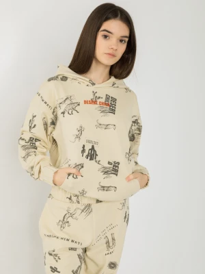 Beżowa bluza dresowa z kapturem i nadrukami Reporter