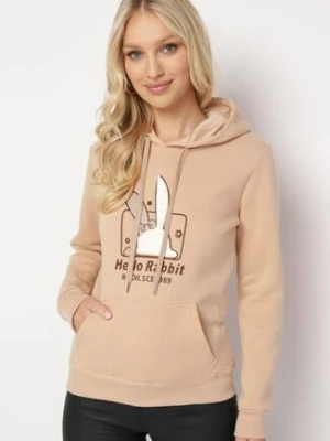 Beżowa Bluza Dzianinowa z Kapturem i Nadrukiem Jubida kamaella