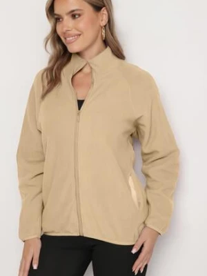 Beżowa Bluza na Suwak o Prostym Kroju ze Stójką i Kieszeniami Esamira