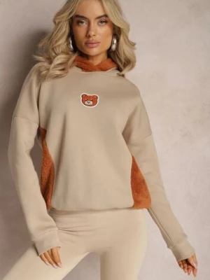 Beżowa Bluza z Bawełny z Ozdobną Naszywką z Misiem i Polarowym Kapturem Hecatia