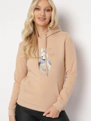 Beżowa Bluza z Kapturem i Nadrukiem Diames kamaella