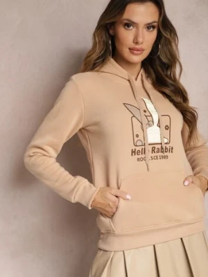 Beżowa Bluza z Kapturem i Ozdobnym Nadrukiem Kliorre kamaella