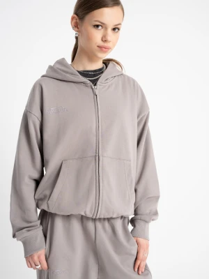 Beżowa bluza z kapturem z autorską grafiką z tyłu ozdobiona dżetami Reporter Young