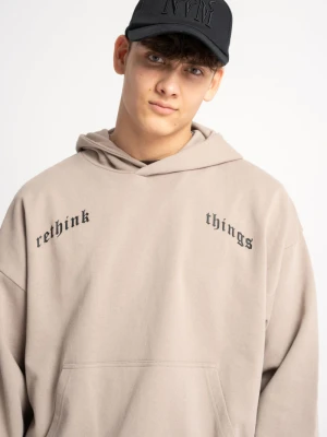 Beżowa bluza z kapturem z autorską grafiką z tyłu Reporter