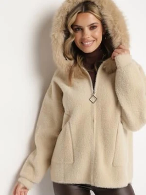 Beżowa Bluza z Wełną Kapturem i Kieszeniami Zdobiona Futrem Yasiti wei wei