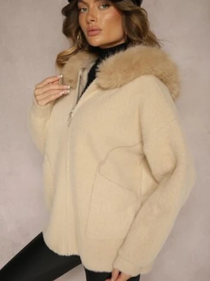 Beżowa Bluza z Wełną z Kapturem i Kieszeniami Ozdobiona Futerkiem Siliti wei wei