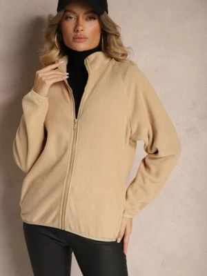 Beżowa Bluza z Zapięciem na Suwak Kieszeniami i Stójką Esandria