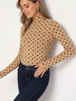 Beżowa Bluzka Golf z Bawełny z Geometrycznym Wzorem Heslitta glo-story