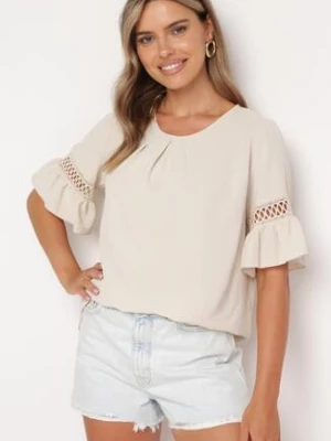 Beżowa Bluzka o Luźnym Kroju z Koronkowymi Wstawkami na Rękawach Lennera new collection