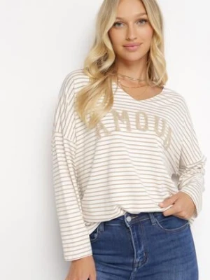 Beżowa Bluzka Oversize w Paski z Ozdobnym Napisem Vicca lily rose