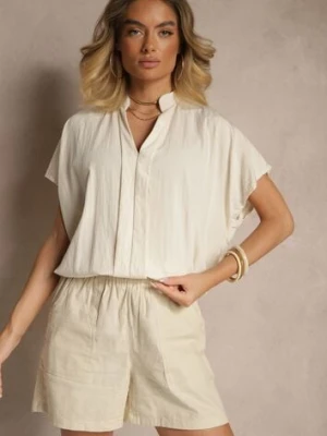 Beżowa Bluzka Oversize z Wiskozą o Kroju Nietoperz z Dekoltem w Serek Davithiel new collection