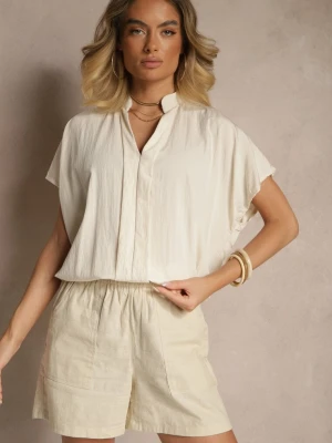 Beżowa Bluzka Oversize z Wiskozą o Kroju Nietoperz z Dekoltem w Serek Davithiel New Collection
