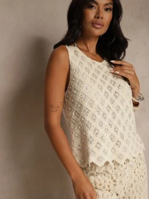 Beżowa Bluzka Ozdobiona Perełkami i Ażurowym Motywem Halenesa rosa