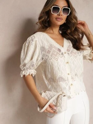 Beżowa Bluzka Prześwitująca w Ażurowe Wzory na Guziki Enriesa rosa