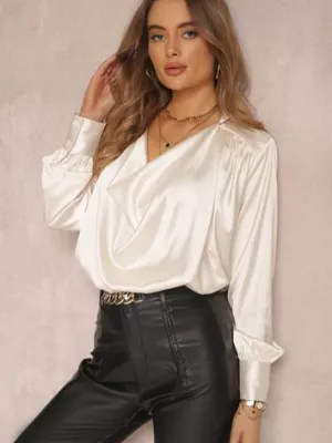 Jasnobeżowa Bluzka Satynowa z Lejącym Dekoltem Conni retro & icone