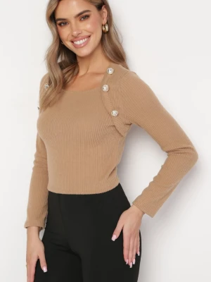 Beżowa Bluzka Sweter z Prążkowanej Dzianiny z Ozdobnymi Guzikami przy Ramionach Anupoma Lily Rose
