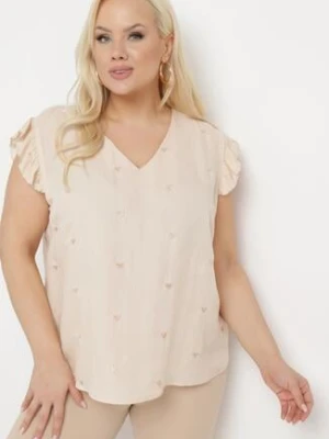 Beżowa Bluzka Top z Falbankami Przy Ramionach w Serduszkowy Wzór Salixia