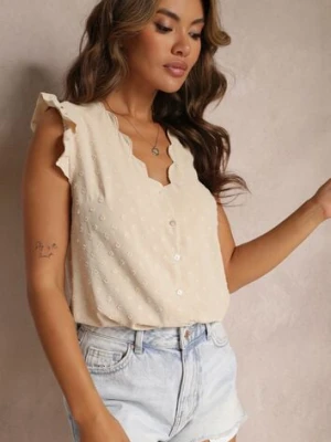 Beżowa Bluzka Top z Ozdobnym Dekoltem i Falbankami przy Ramionach Briara melya by melody