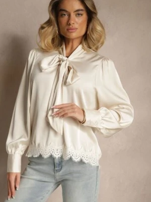 Beżowa Bluzka Wiązana Przy Dekolcie z Ażurową Koronką na Dole Haliritia elsa.m by may