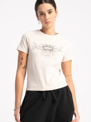 Beżowa bluzka z autorską grafiką z przodu Reporter