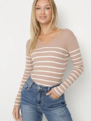 Beżowa Bluzka z Bawełną w Paski Ozdobiona Guzikami Gelvila j&x