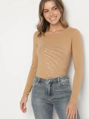 Beżowa Bluzka z Bawełny Ozdobiona Cyrkoniowym Napisem Velutila glo-story
