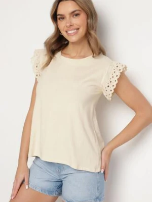 Beżowa Bluzka z Bawełny z Ażurowymi Falbankami Zamiast Rękawów Vodelia glo-story